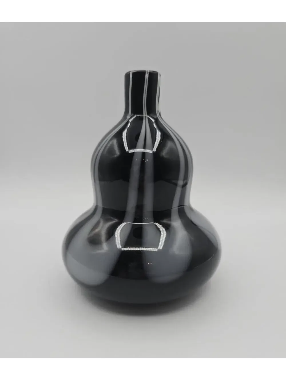 Vintage Hand Blown Studio Art Glass Vase Black Gray Pulled Feather Swirl 6.5